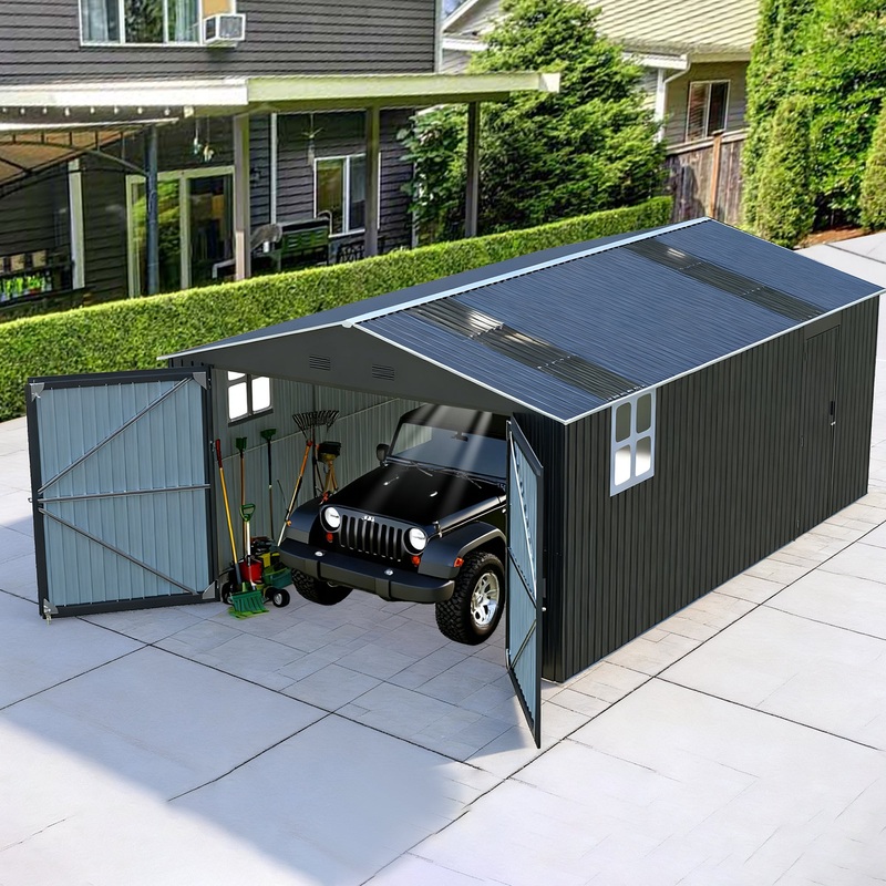 Upgraded 13x20FT Outdoor Storage Shed, Large Metal Garage Shed with Two Windows and Two Translucent Panels for Car, Truck, Bike, Lawnmower, Backyard Tool 13X20 FT