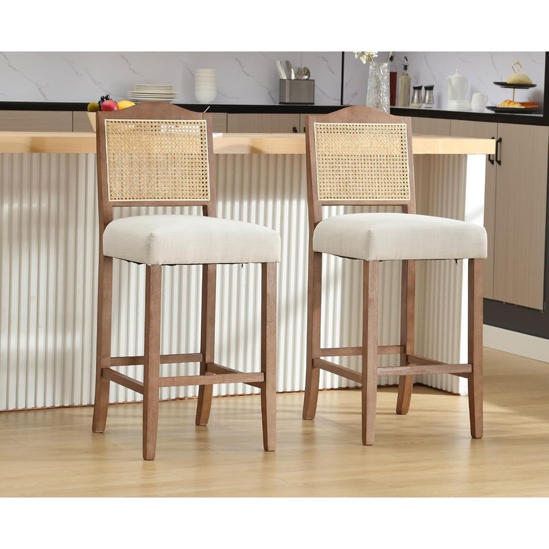 Counter Height Bar Stools Set of 2 Farmhouse Barstools with Rattan Back Linen Upholstered Bar Chairs Mid Century Wood Breakfast Bar Stool Chairs for Kitchen Island, 30 Inch Beige Linen Beige With Rattan Back 30 Inch Height 2Pcs
