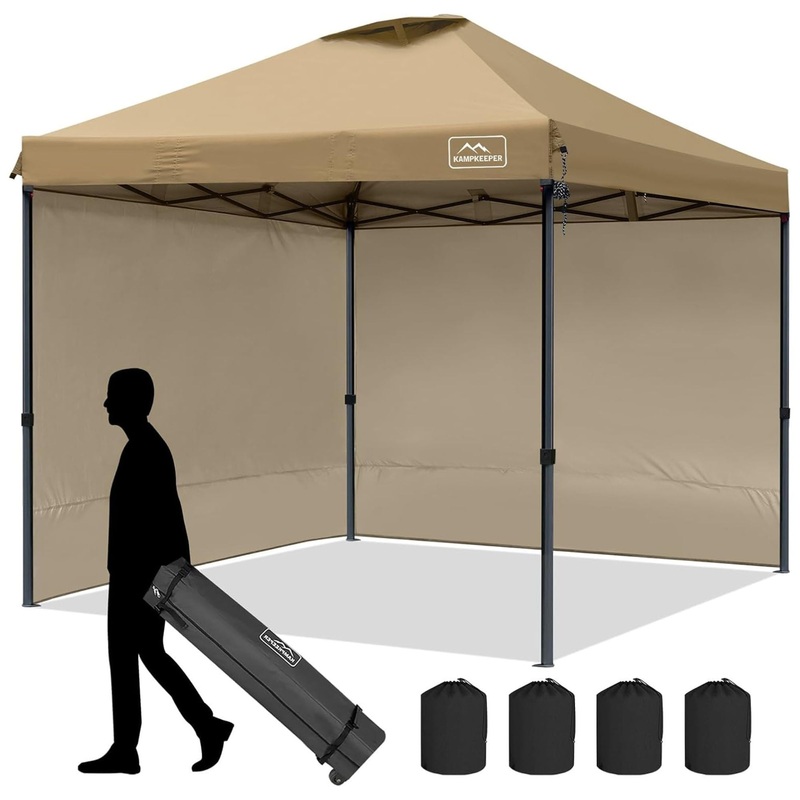 KAMPKEEPER 10×10 Pop Up Canopy Tent with 2 Sidewalls for Outdoor Use, Khaki