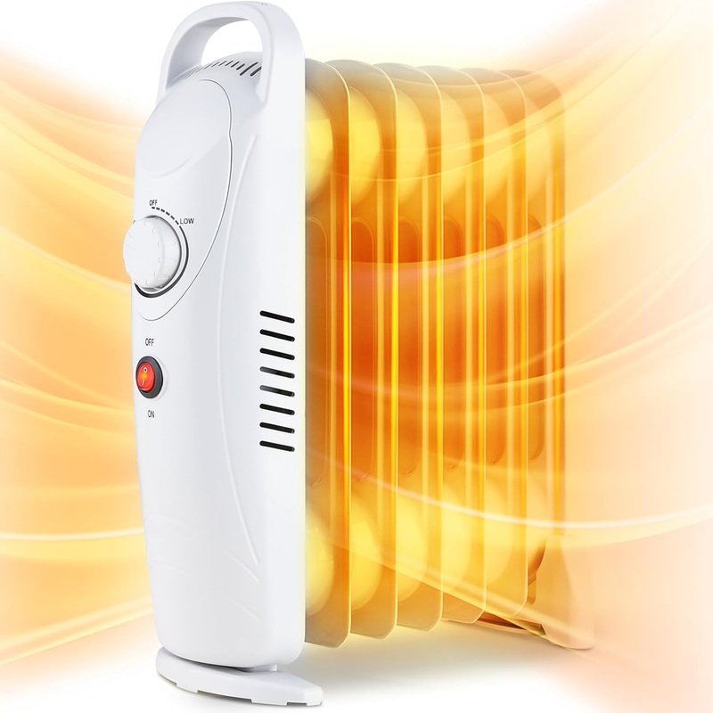 Airo Comfort Oil Filled Heater, 700W Portable Radiant Space Heater with Adjustable Thermostat, Electric Small Quiet Heater with Overheat Protection for Room Indoor Office, White