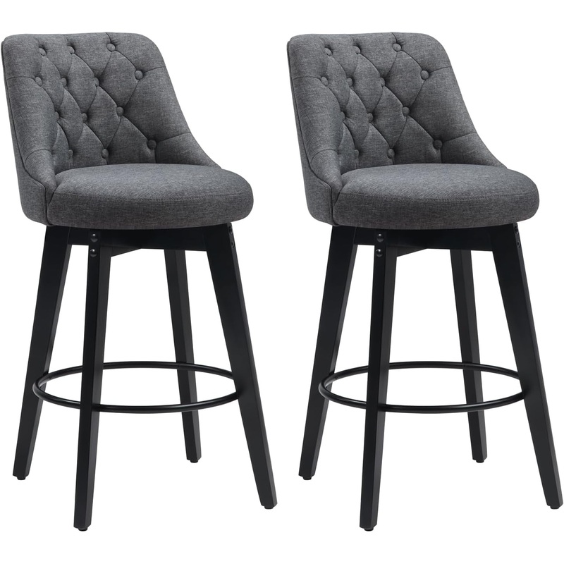 Bar Stools Set of 2, Swivel Barstools with Backs and Wood Legs, 27″ Linen Fabric Upholstered Bar Chairs for Kitchen Island, Dining, Cafe, PubGrey Grey Set Of 2