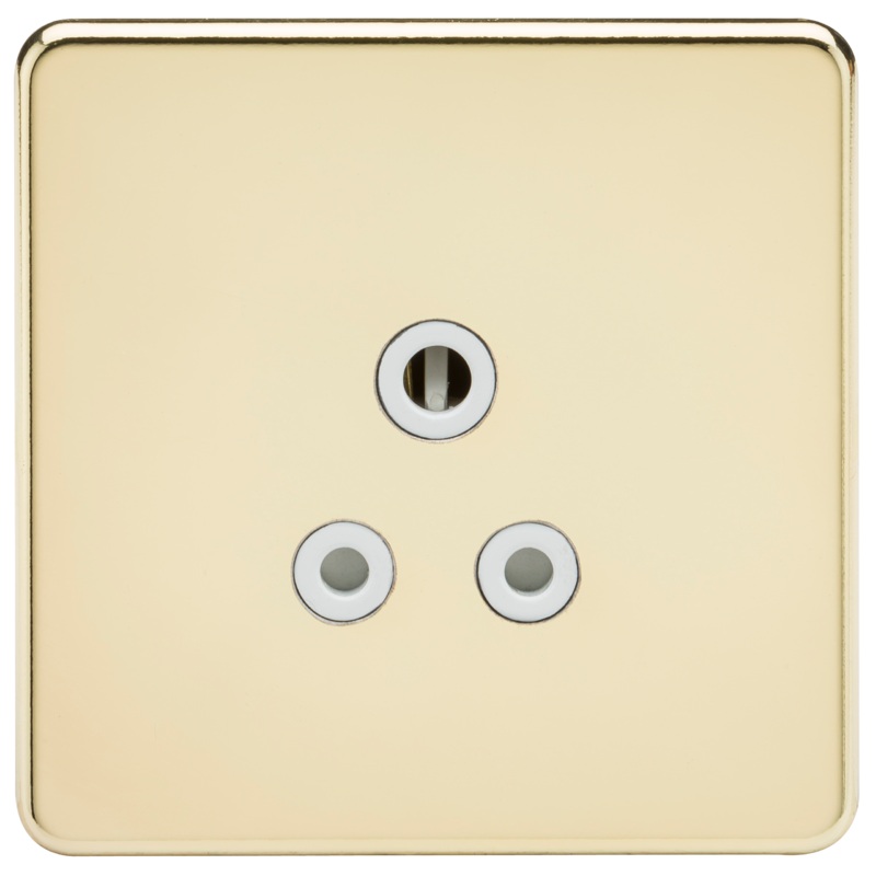 1G 5A Screwless Polished Brass Round Pin 230V Unswitched Electrical Wall Socket – White Insert