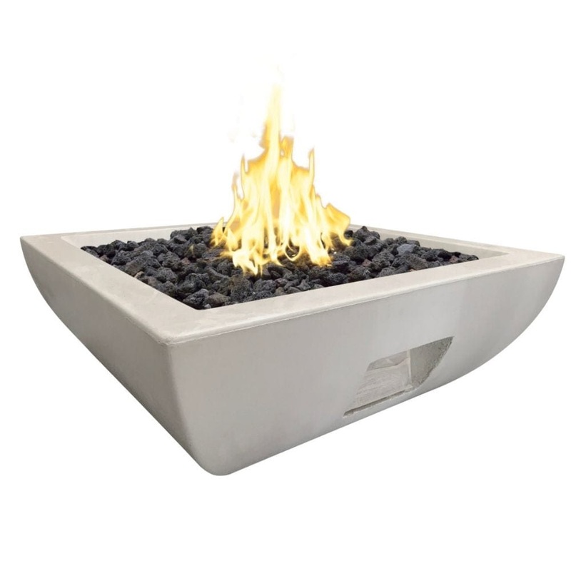 American Fyre Designs Bordeaux 36-Inch Square Concrete Gas Fire Bowl White Aspen Natural Gas Manual Ignition System