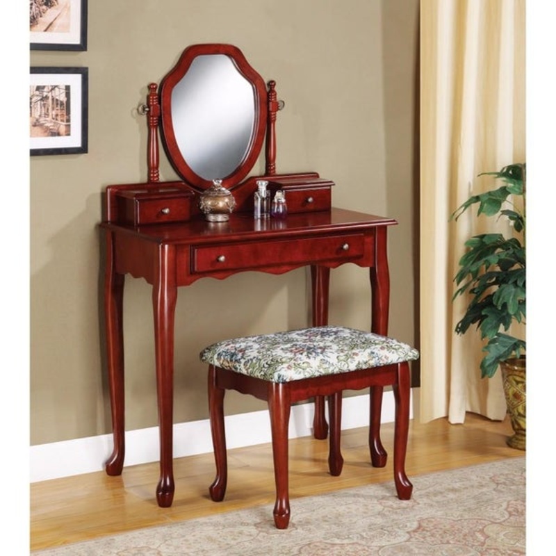 Makeup Vanity Set With Mirror, Reddish Brown