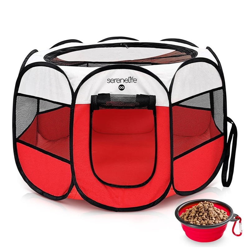 Large Portable And Foldable Pet Tent – Lightweight, Easily Collapsible, Play Yard Crib For Indoor & Outdoor Use With Portable Folding Pet Bowl (Red)