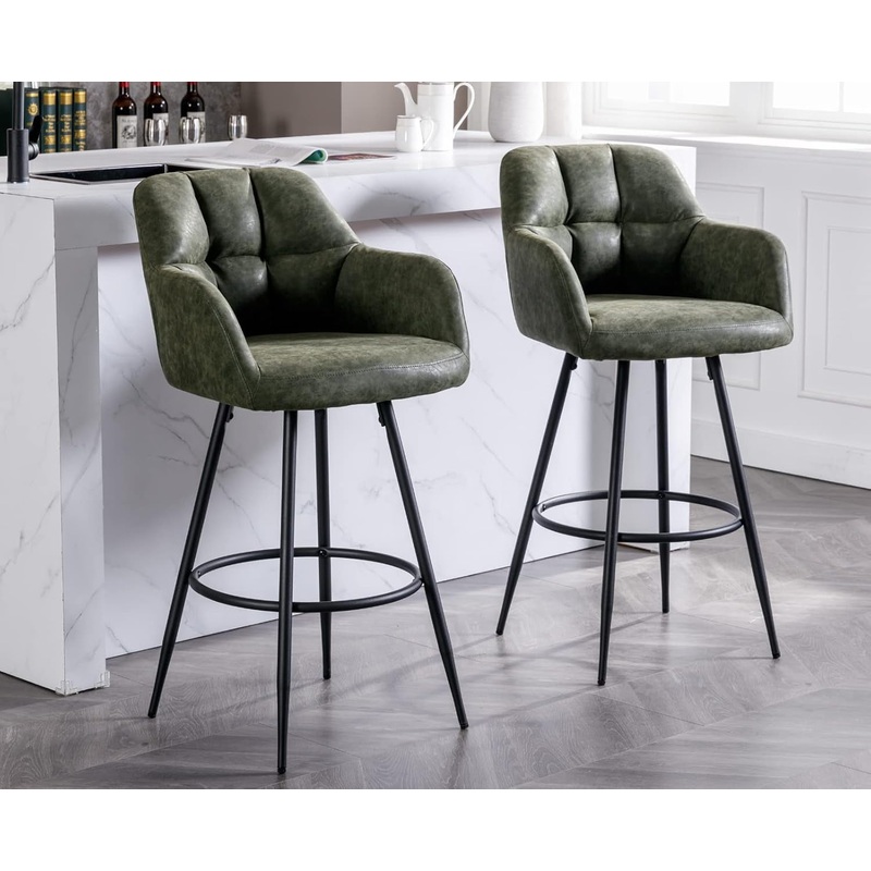 Modern Bar Stools Set of Two with Backrest Arms 30 Seat Height – Pu Green 2Pcs