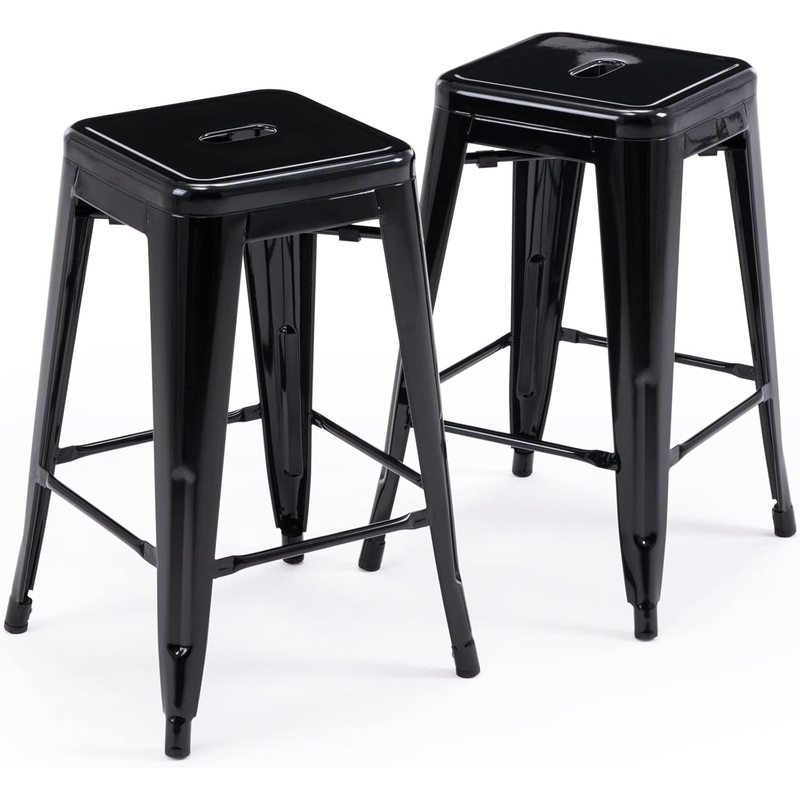 24″ Bar Stools Black Backless Metal Barstools Indoor-Outdoor Counter Height Stools with Square Seat, Set of 2 – VF1571001 Black 2