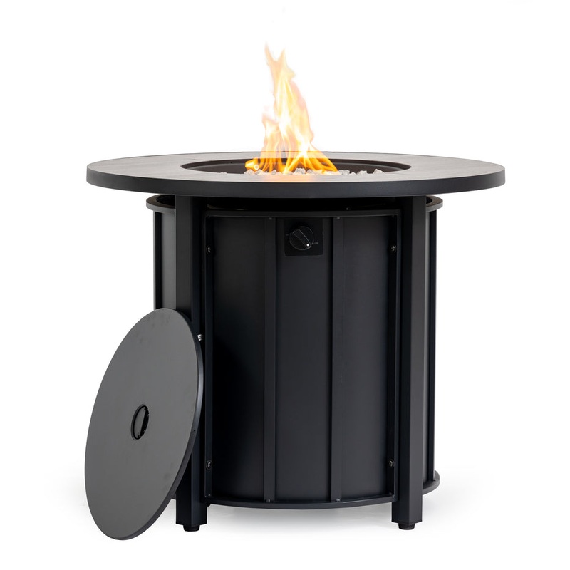 30″ Propane Gas Fire Pit Table, 50000 BTU Round Steel Fire Pit with Wood Grain Ceramic Tabletop for Outside Patio Deck Garden Backyard- Black Black