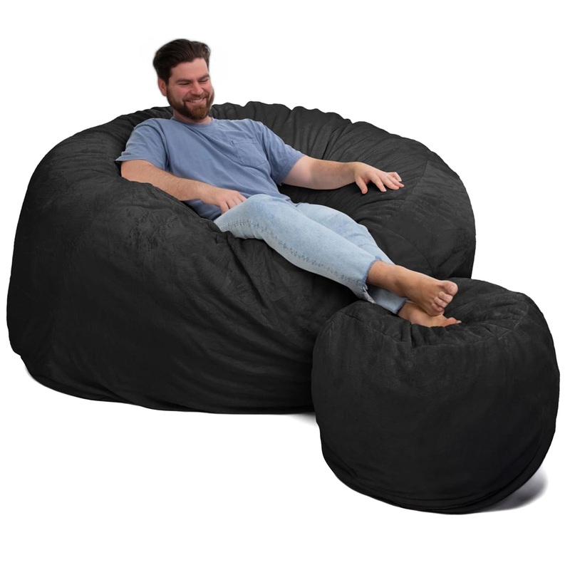 Ultimate Sack 6000 6 Foot Pre Filled Fur Bean Bag Chair with Footstool, Charcoal