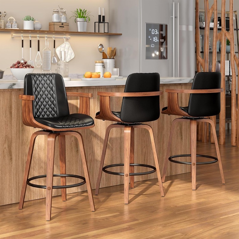 Swivel Bar Stools Set of 3, 26 Inch Bar Height Barstools with Arms and High Back, Upholstered PU Leather Counter Height Stools with Bentwood Wood Frame and Legs for Kitchen Island, Black Black Set Of 3