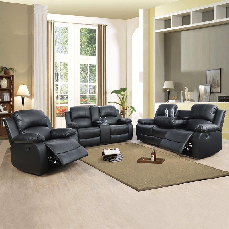Leather Recliner Sofa SetLeather Reclining Sofa Set for Living Room Furniture SetsBlack Recliner Couch Set for Living Room/Office/Theater Seating(Sofa Set 3 Pieces) Black 3 Piece Set