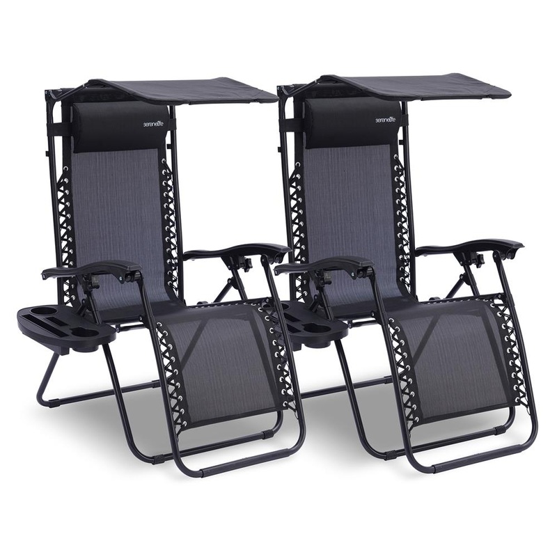 Outdoor Adjustable And Foldable Zero Gravity Lounge Chair Recliners With Canopy, Plastic Cup Holder Side Table And Pillow, 2 Pack, (Black) Black