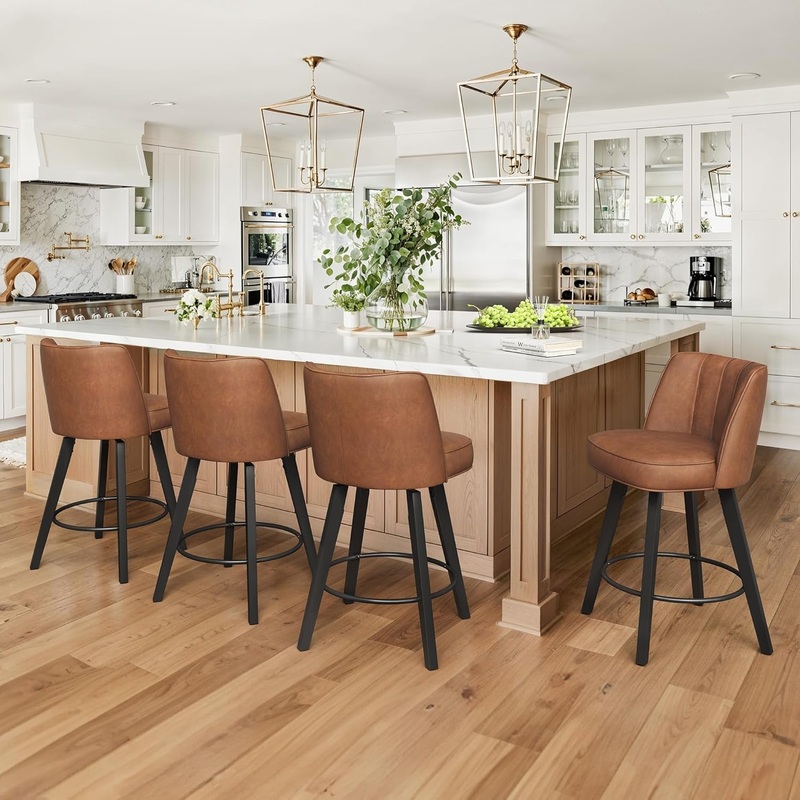 360-Degree Swivel Bar Stools Set of 3, 26″ Counter Height Bar Stools with High Back and Wood Legs, Morden Faux Leather Upholstered Barstools for Kitchen Counter Brown 3