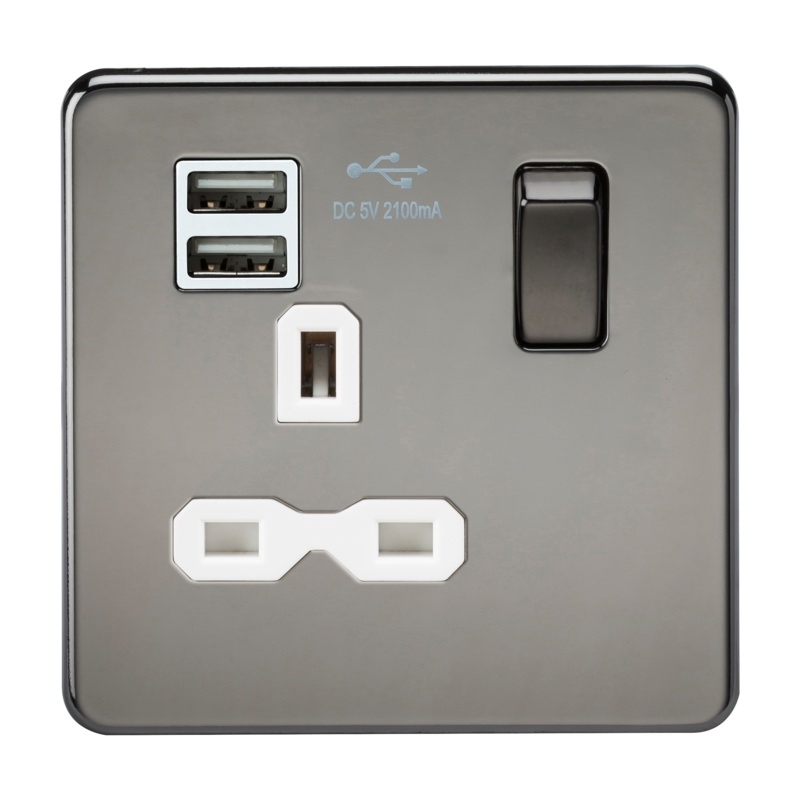 1G 13A Screwless Black Nickel 1G Switched Socket with Dual 5V USB Charger Ports – White Insert